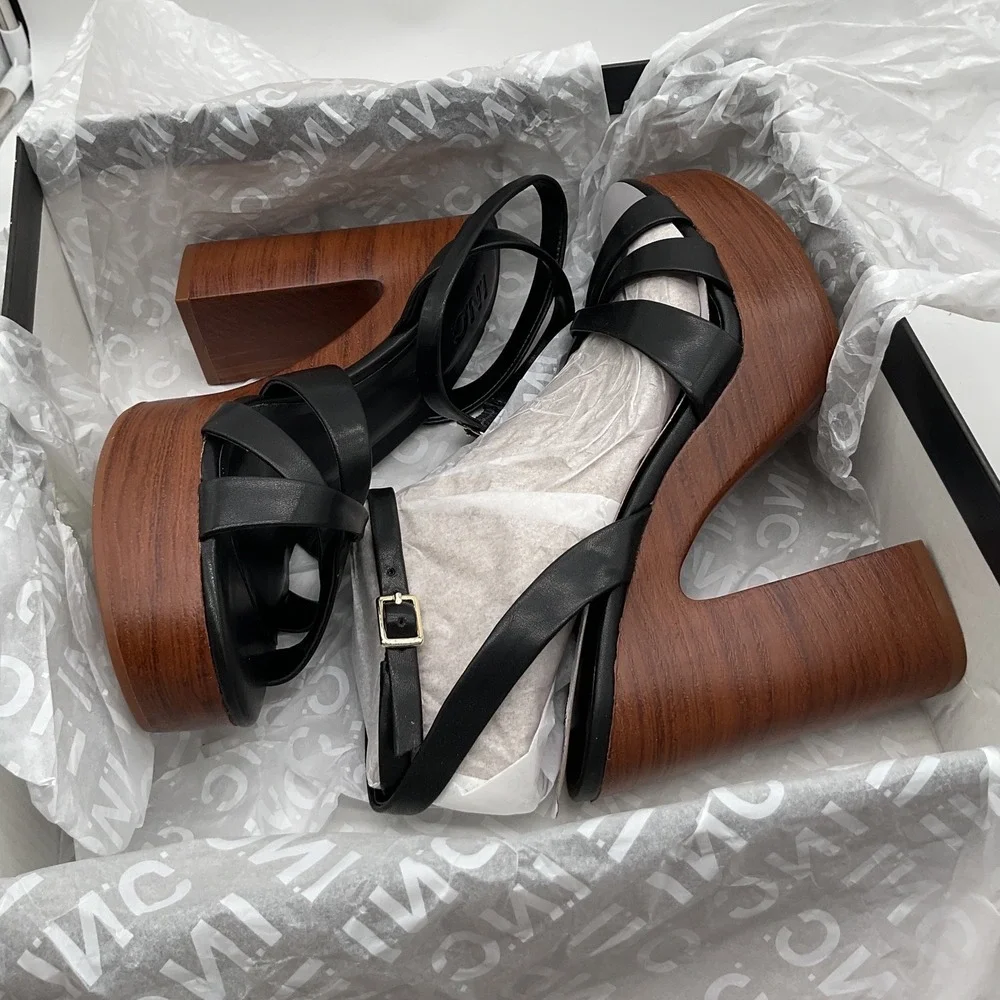 INC International Concepts Jacee Black Wood Grain Platform Sandals Womens‎ 9M